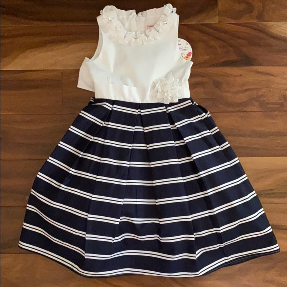 New little girls navy blue and white stripe dress